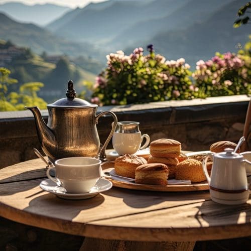 Breakfast with coffee and fresh pastries on the terrace overlooking the mountains Breakfast with coffee and fresh pastries on the terrace overlooking the mountains